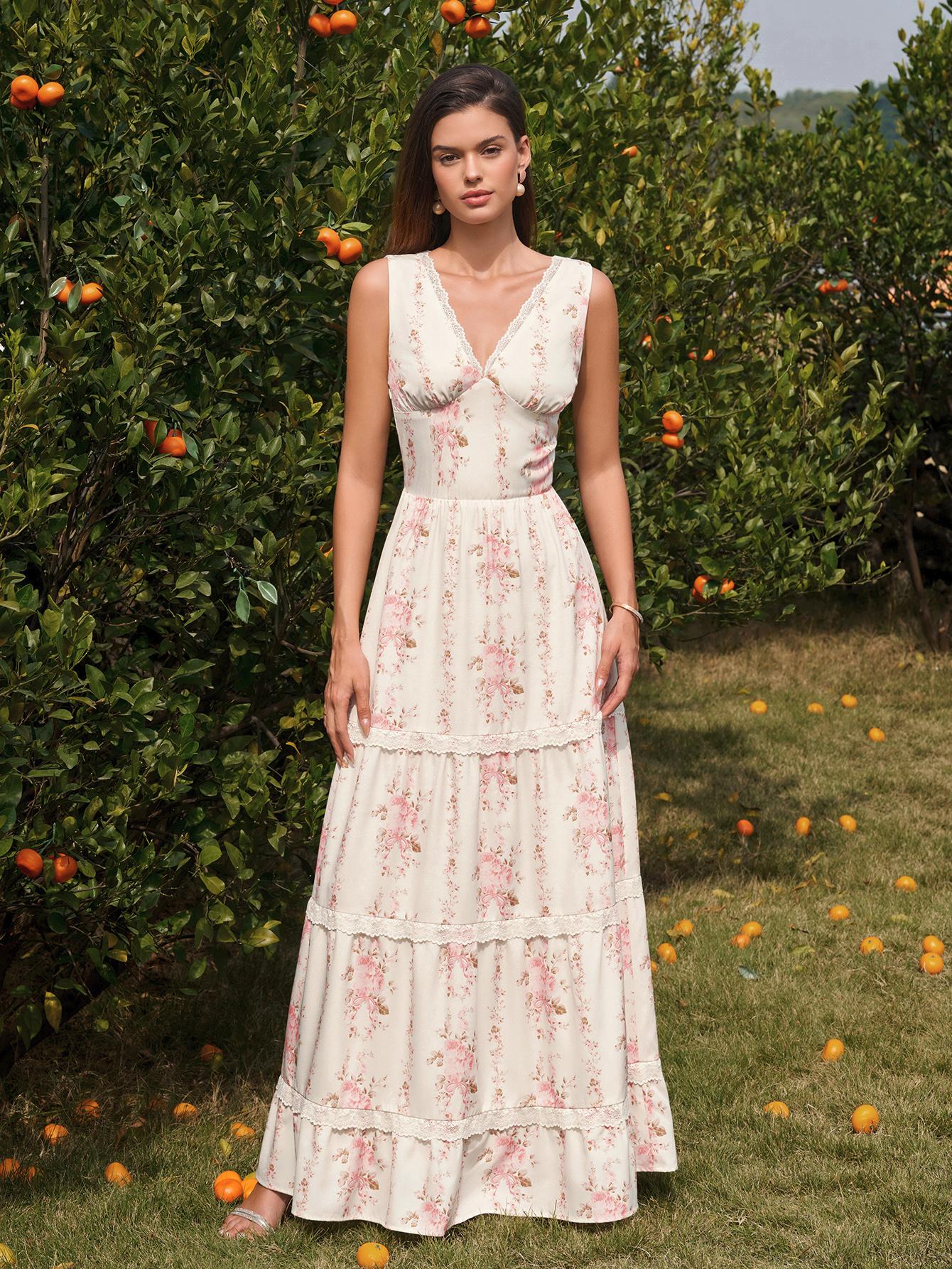 Parthea Women's V-Neck Backless Smocking Lace Trim Casual Cake Dress, Ideal for Garden Afternoon Tea, Art Exhibitions Parthea Women's V-Neck Backless Smocking Lace Trim Casual Cake Dress, Ideal for Garden Afternoon Tea, Art Exhibitions