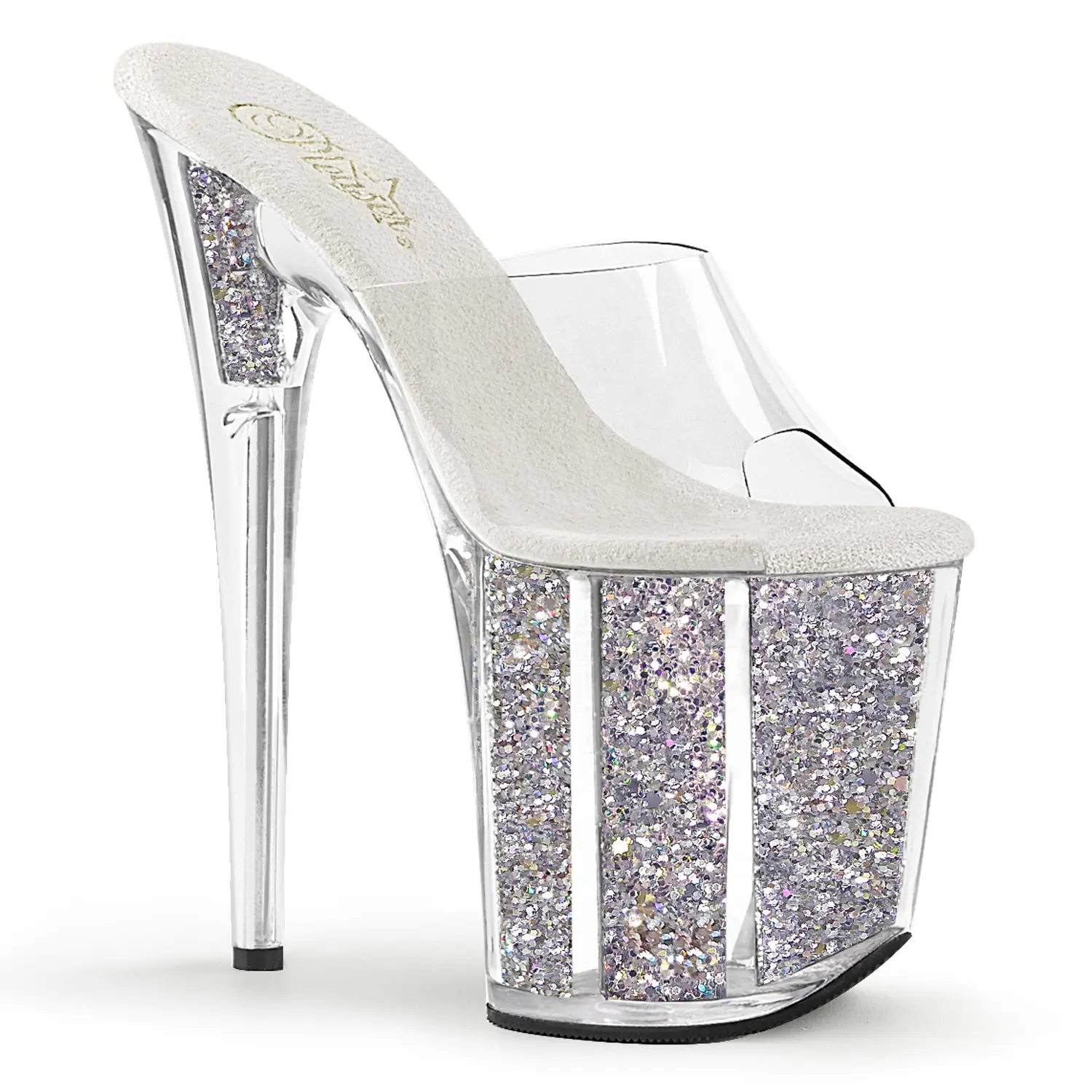 Pleaser Women's Flamingo-801G Stiletto Heels, 8-Inch Slip-On Sandals with a 4-Inch Silver Glitter Filled Platform