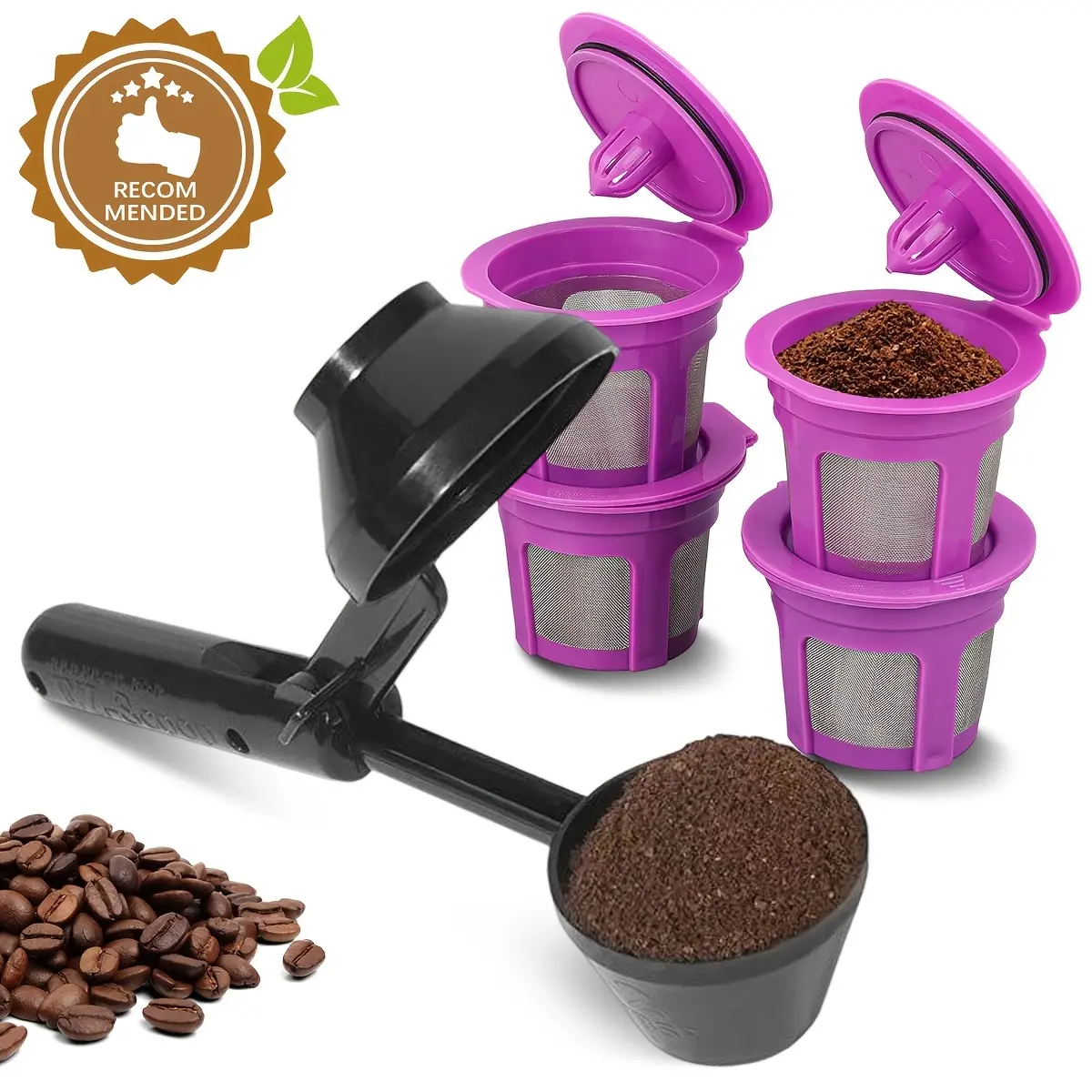 Reusable K-Cup Coffee Brewing Filter Set, 4-Pack with Ez-Scoop 2-Tbsp Scoop, Integrated Funnel, Refillable Pods for Keurig Machines, Reusable Coffee Filters