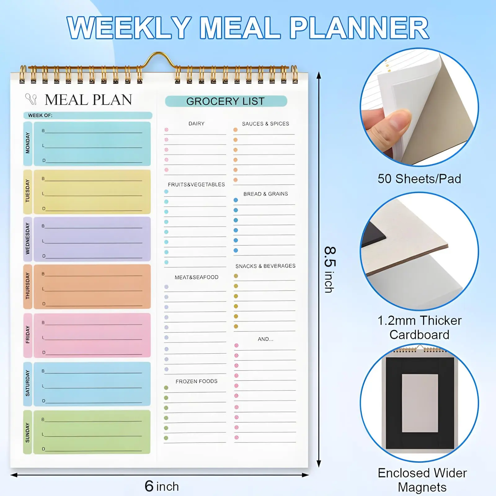 Weekly Meal Planner Notebook with Grocery List, Magnetic Fridge Planner, 50 Tear-Off Sheets, 5.83 x 8.54 Inch Meal Prep Pad, Wall-Mountable Kitchen Planner with To-Do List and Daily Schedule Tear Off Calendar