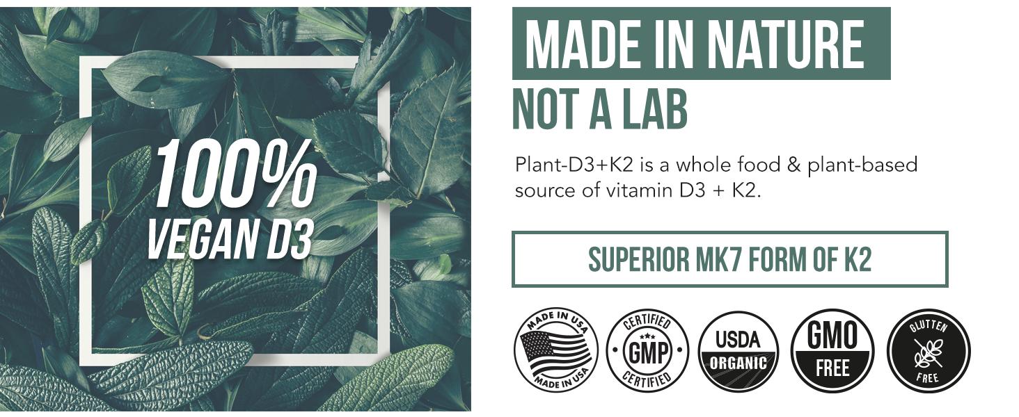 Organic Plant D3 + K2 Capsules - 5000 IU D3 + 120 mcg K2 (MenaQ7) - Whole Food, Vegan - Enhanced Digestion with Prebiotic Superfood Complex