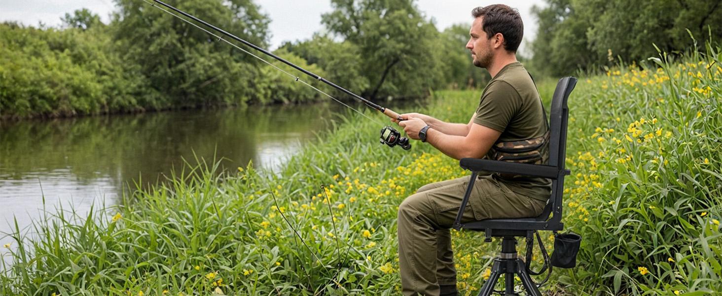 [Aecojoy Hunting Season] Hunting Chair with Detachable Cover, 360° Silent Swivel, Adjustable Height, Mesh Back, Folding Ground Seat, Armrests, Telescopic Legs, Duck Feet, 330 lb Capacity Magnetic Rangefinder Strap Carbon