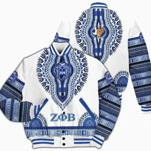 Zeta Phi Beta Varsity Jacket, Z-Phi-B Blue Daishiki Pattern Style 1920 Sorority Jacket 4658 IO2