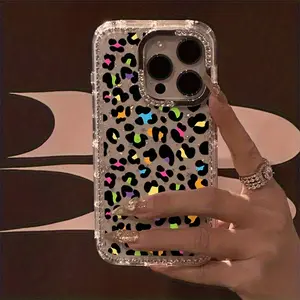 Full-Screen Colorful Leopard Print Luxury Rhinestone Fashion Phone Case, Transparent Sparkling Diamond Frame Star Case Anti-Drop Case, Compatible with iPhone 17 Pro Max 17 Air 16 15 14 Plus 13 12 11 Protective Cover, Christmas Gift, New