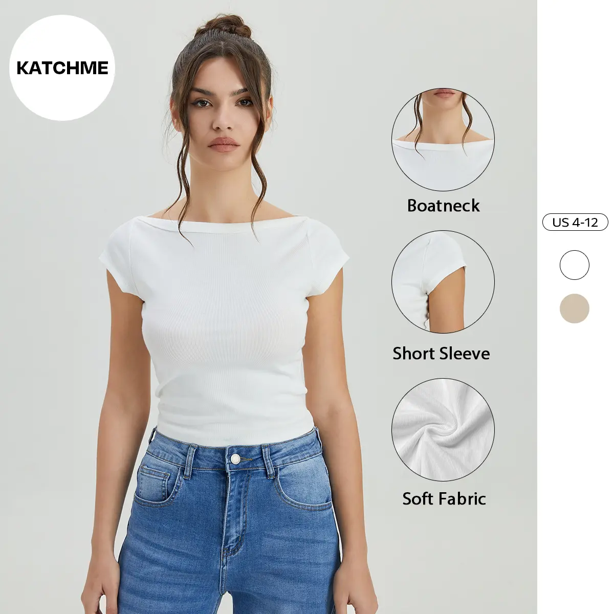 KatchMe Women's Classy Boatneck Soft Stretch Short Sleeve Top, Casual Solid Color Cap Sleeve Flattering T-Shirt for Summer, Minimalist Womenswear
