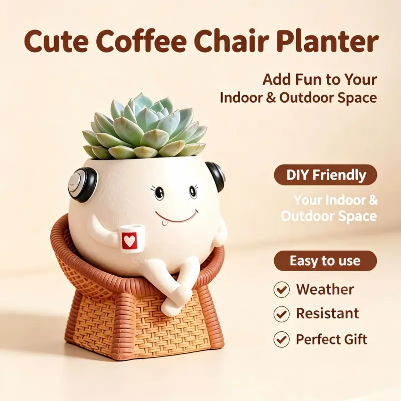 Resin Wicker Chair Plant Pot with Drainage Hole, Cute Cartoon Vase Sculpture, Indoor-Outdoor Home Decor, Home Office Desk Flower Pots & Planters, Perfect Gift, Daily Dose of Cute, DIY Friendly