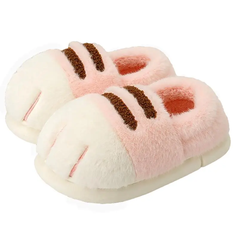 Women's Chic Casual Cat Paw Slide House Slippers - Winter Warm Fluffy Cotton Footwear, Lightweight Non-Slip Rubber Indoor Shoes with 3D Fluffy Plaid Ankle, Flexible Round Toe, Stable Wave Sole, Tile Floor Grip, Ideal Cute Girly Gifts for Cat Lovers