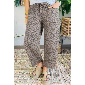 Khaki leopard print drawstring waist pocket wide leg jeans - women's fashionable daily loose patch underwear casual pants straight leg jeans lightweight shirt breathable fashion short sleeved gradient suit women's elegant