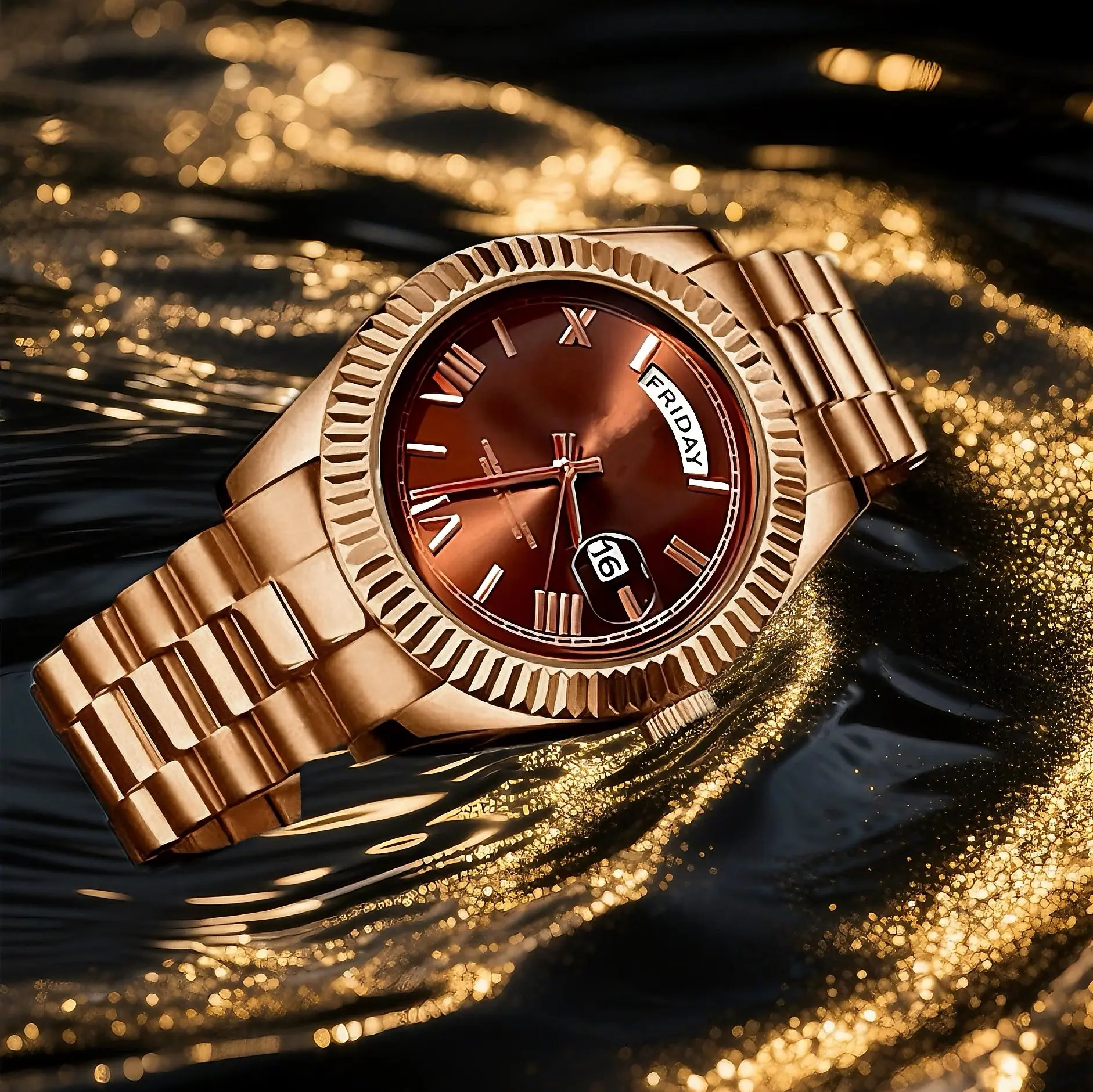 Men's Gold-Tone Business Watch, Classic Analog Round Dial, Fluted Bezel, Full Day and Date Display, Metal Link Bracelet, Dress Wristwatch, Gift for Husband, Dad or Boyfriend