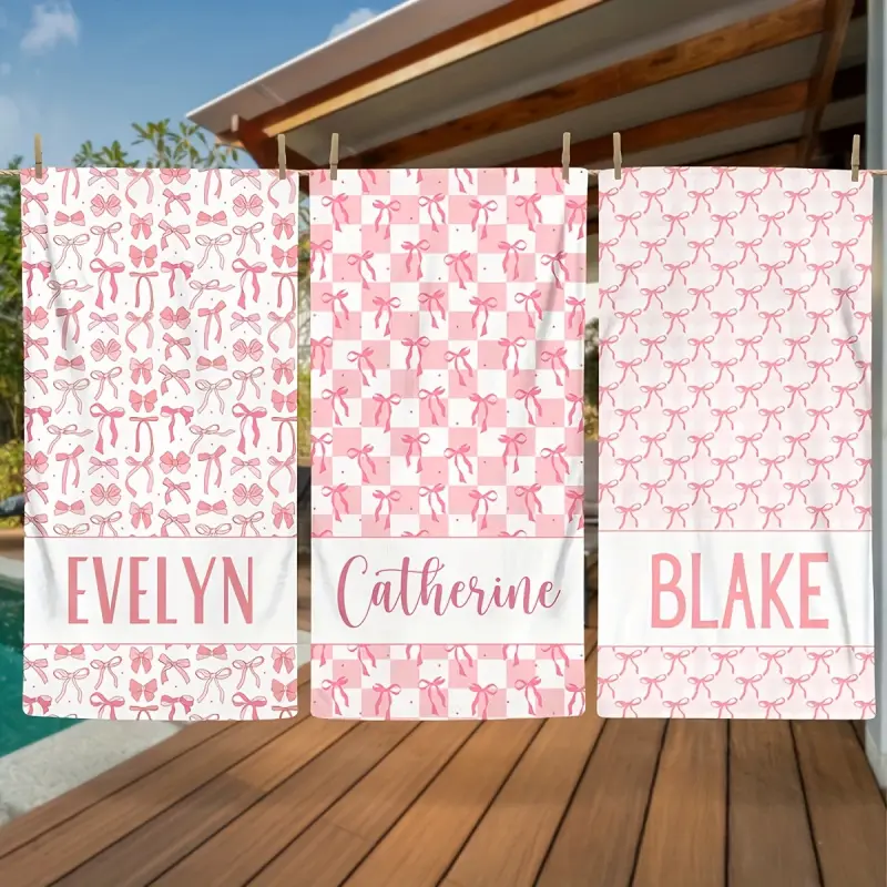 Women’s Personal Microfiber Micro Beach Towel - 30x60 in, Breathable, Quick-Dry, Fade-Resistant, Heat-Printed Custom Name, Pastel Bow Checkerboard, Wrap Beach Towel, Pool Travel Gift, Micro Beach Towels