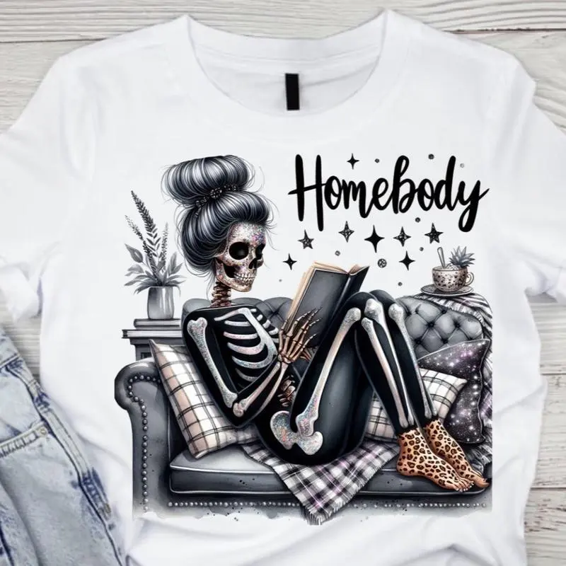 Homebody Glitter Skelly T-Shirt for Men and Women, Casual Printed Shortsleeve Top in Super Soft 100% Cotton Fabric, Glitter Print, Comfortable, Classic Fit, Regular, Flat, Fades Resistant, Digital Print, Short Sleeve Tee