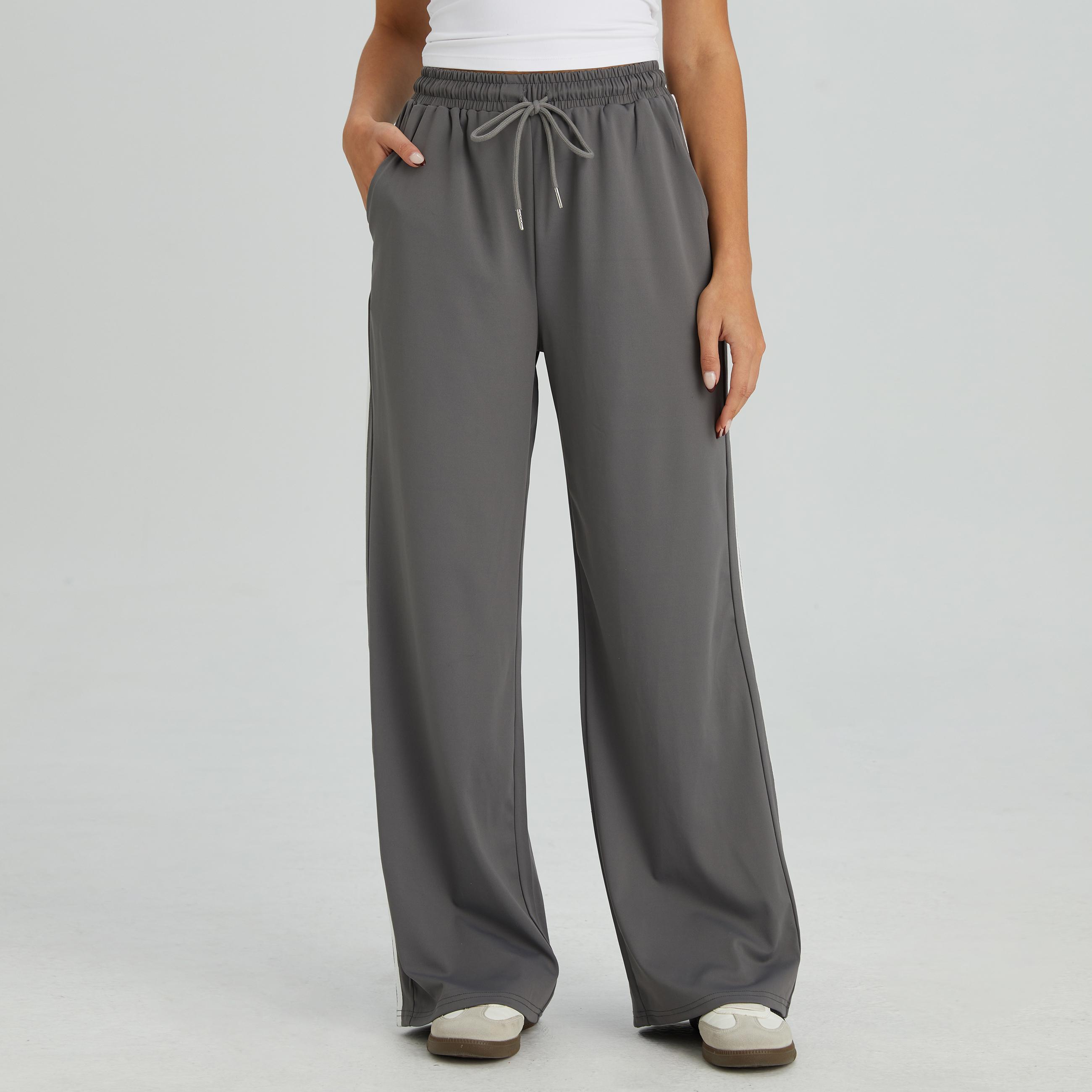 KatchMe Women's Casual High Waist Striped Wide Leg Trousers, Sporty Drawstring Waist Side Pocket Outfit, Minimalist Versatile Women's Bottom KatchMe Women's Casual High Waist Striped Wide Leg Trousers, Sporty Drawstring Waist Side Pocket Outfit, Minimalist Versatile Women's Bottom