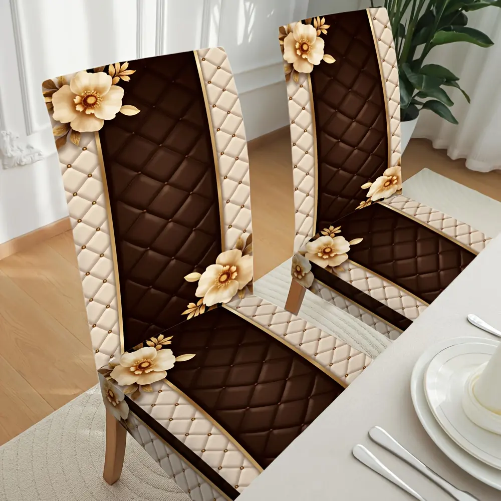 4/5/6/7pcs Chair Cover+Tablecloth Set Floral Print Polyester Blend Dining Chair Slipcovers Stain-Resistant All-Seasons Brown Household Protectors