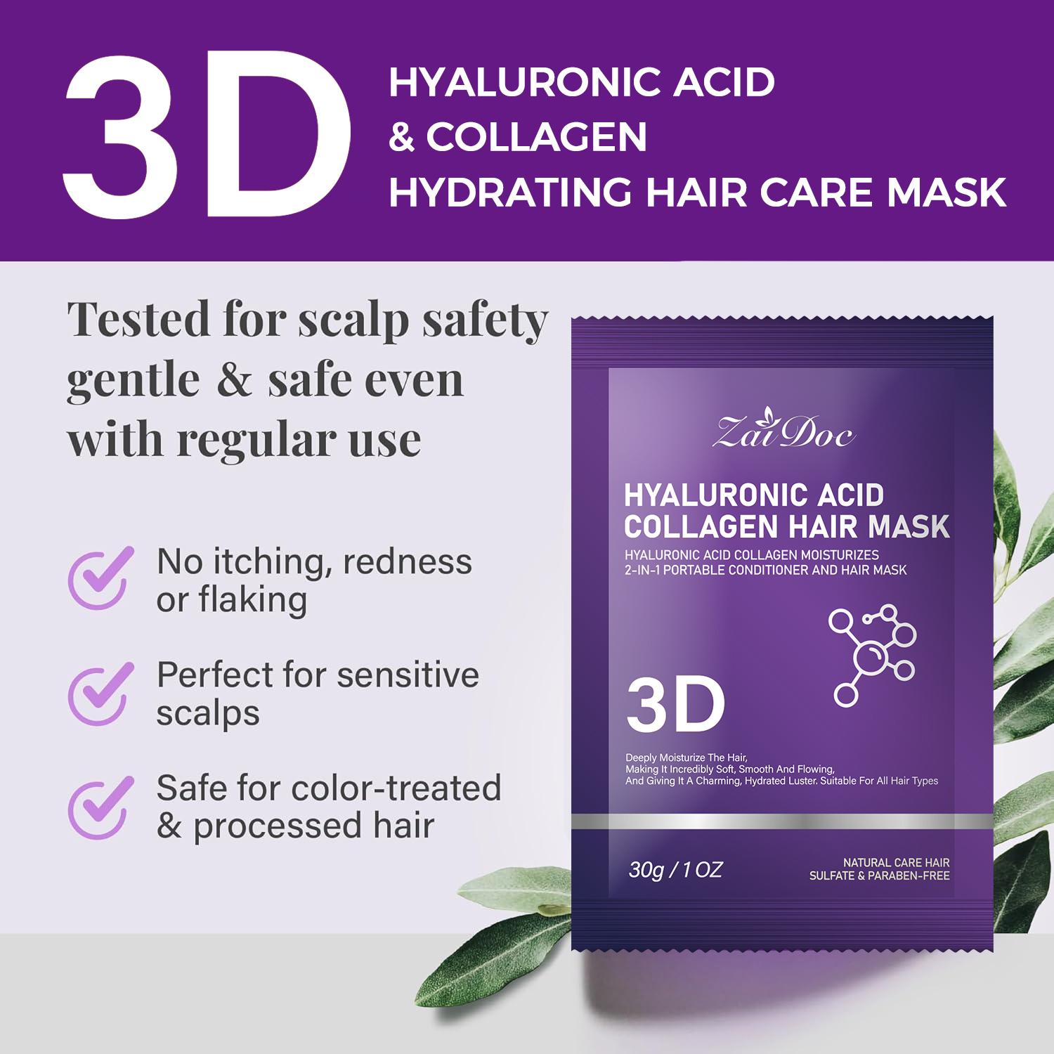 3D collagen hair mask 30g — Deeply repairs hair strands, replenishes moisture, restores hair's natural shine. Functions as a conditioner, lightweight and non-greasy, suitable for all hair types, leaving hair hydrated, glossy, smooth and easy to comb.