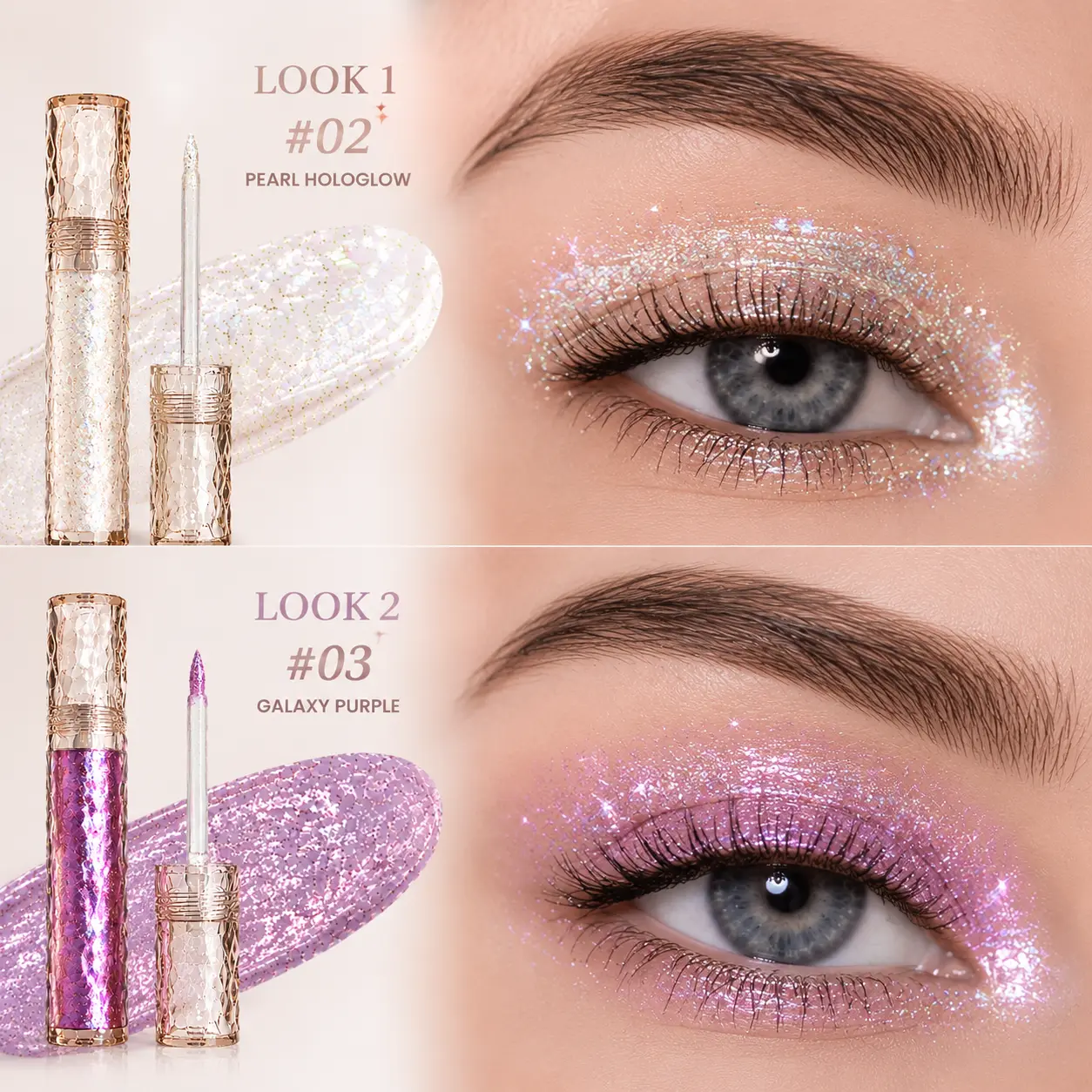 Liquid Glitter Eyeshadow with Crystal Applicator - Holographic Sparkle, Long-Lasting Shimmer, Waterproof Formula for Party Makeup, Includes #02 Pearl Hologlow & #03 Galaxy Purple, Complementary Waterproof Mascara Flawless