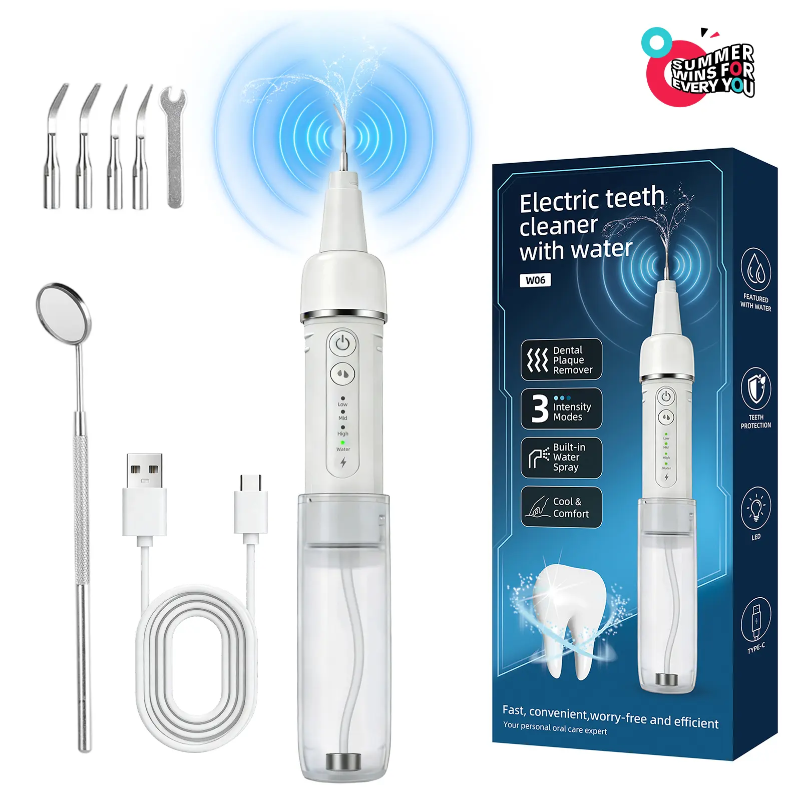 Water-Assisted Tartar Remover, Electric Dental Scaler for Plaque and Calculus Removal with Water Spray Feature,  Teeth Cleaner with LED Light, 3 Cleaning Modes, Rechargeable Cordless Teeth Cleaning Kit for At-Home Oral Hygiene Care