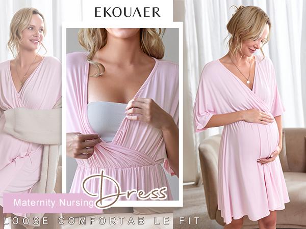 Ekouaer 3 in 1 Labor Delivery Hospital Gown Maternity Dress Nursing Plus Size S-XXL Skin Friendly Elastic Waistline V Neck Design Postpartum Outfit