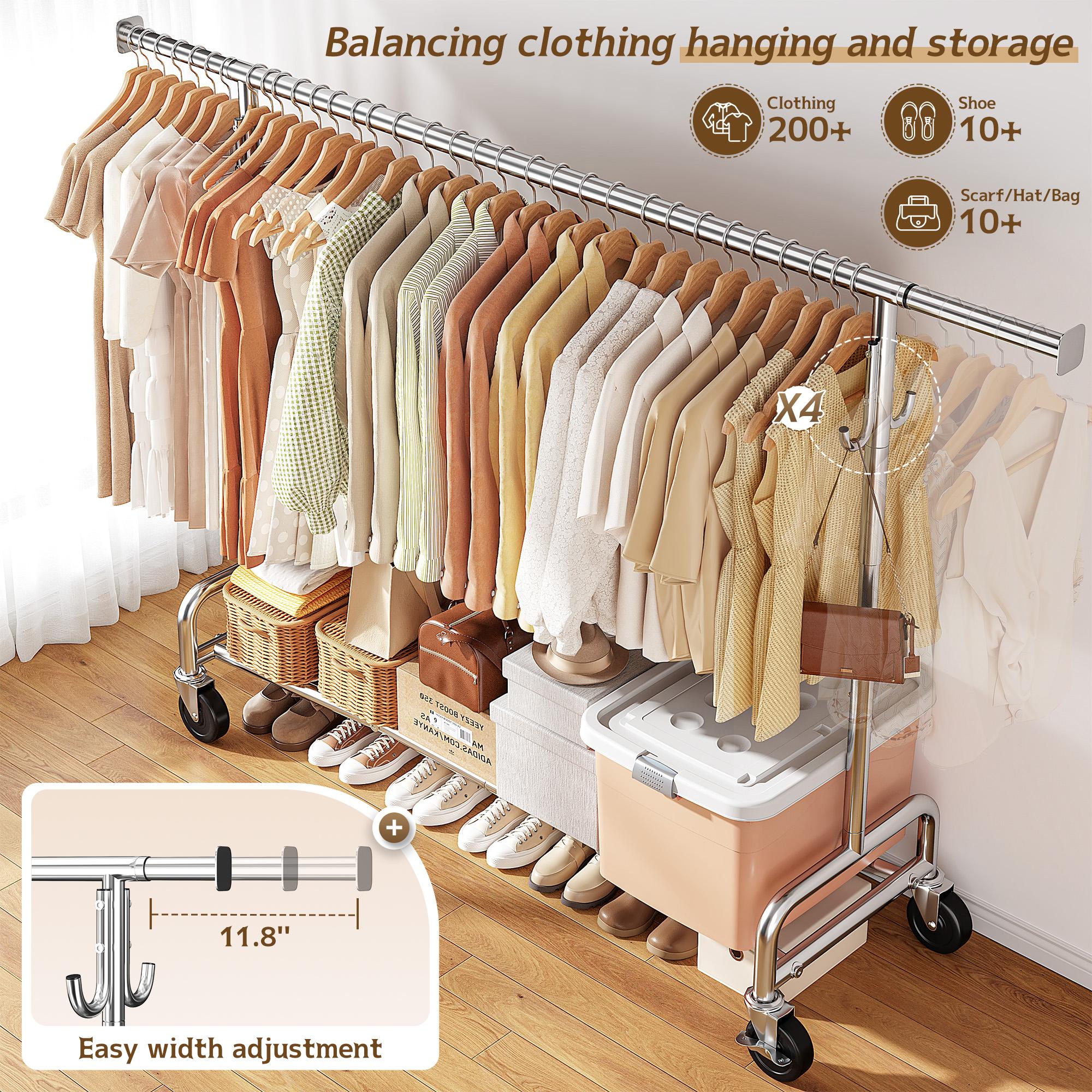 BePatio Clothing Rack for Drying, Extendable & Height Adjustable Coat Clothing Rack with 4 Hooks for Bedroom,Laundry,Outdoor,Clothing Store, Clothes Racks for Closet Holds Up to 220LBS,Portable Rolling Garment Rack with Lockable Wheels BePatio Clothing Rack for Drying, Extendable & Height Adjustable Coat Clothing Rack with 4 Hooks for Bedroom,Laundry,Outdoor,Clothing Store, Clothes Racks for Closet Holds Up to 220LBS,Portable Rolling Garment Rack with Lockable Wheels