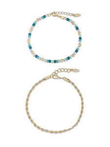 Ettika Seaside Turquoise and Pearl Anklet Set for Women 18k Gold Plated Steel Acrylic Pearl Reconstituted Turquoise Stackable Bracelets
