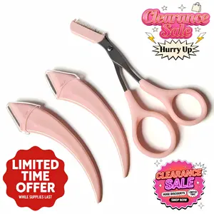Eyebrow Trimmer Kit for Flawless Shaving & Trimming, Bathroom Grooming Accessory, 2 Pink Curved Razors + 1 Scissors, Stainless Steel Blades, No Cuts, Pro Artist Recommended, Clean Shaping, Perfect Brows