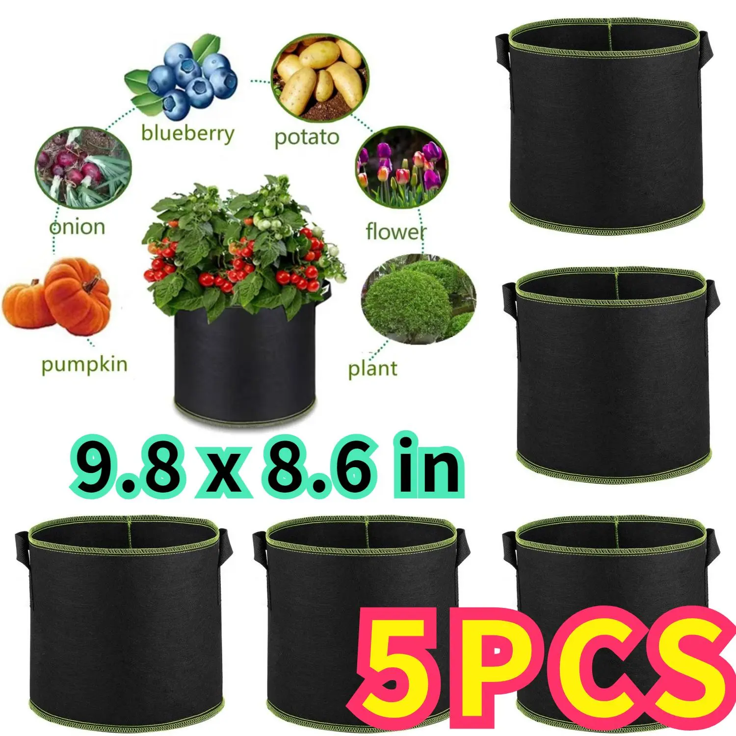 10/5Pcs 3 Gallon Grow Bags, Thickened Nonwoven Fabric Planter Pots with Handles, Heavy Duty 300G Garden Pots for Tomato, Potato and Vegetable(Black) - Home Improvement.
