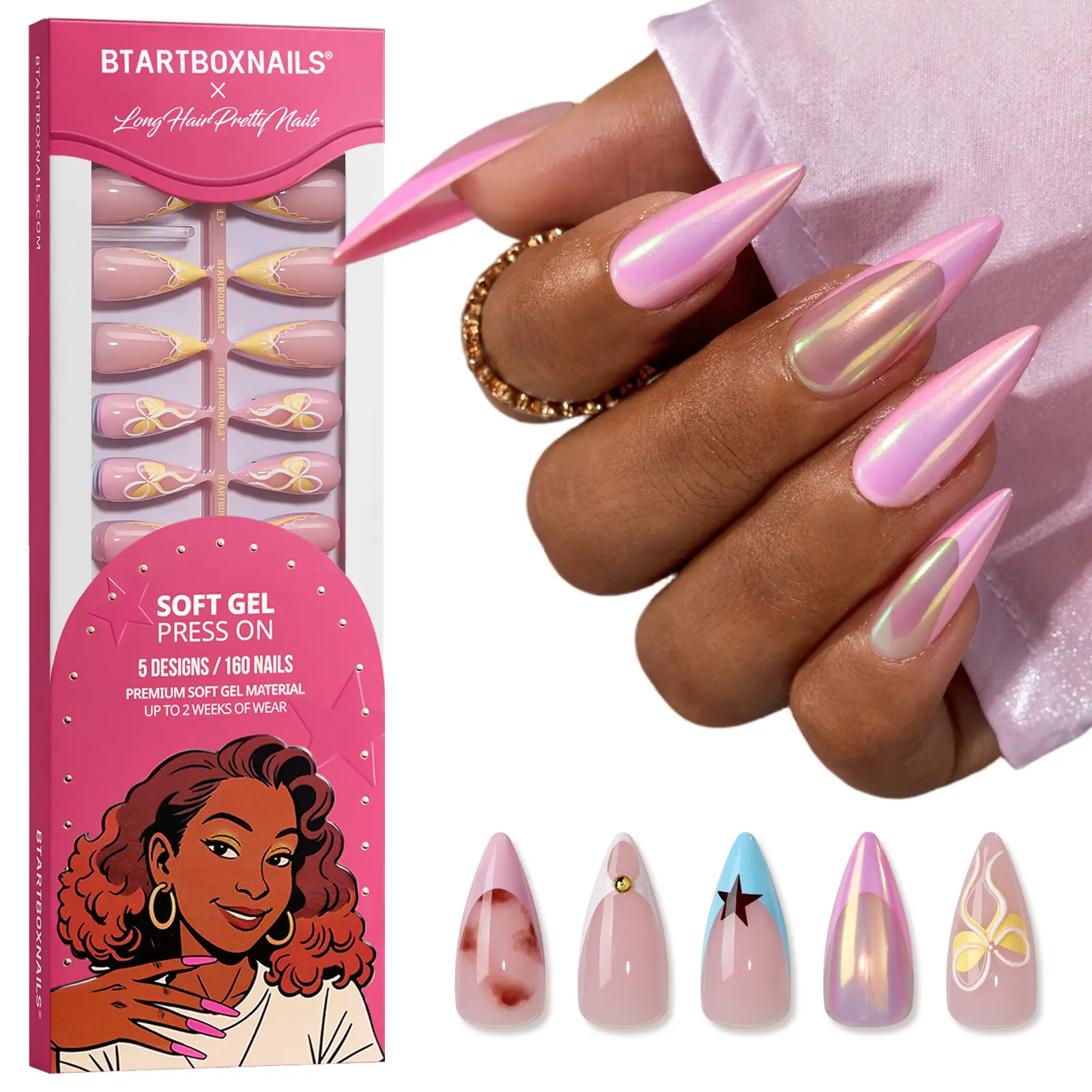 BTArtboxnails x LongHairPrettyNails press on nails Square Almond Oval and Stiletto press on nails with 5 desgins,32 pcs Each