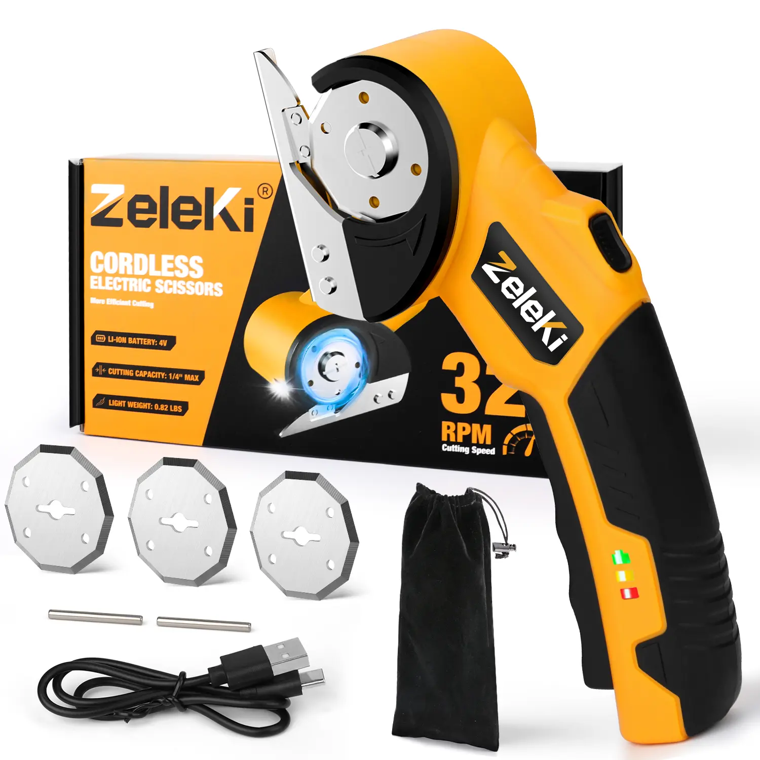 Zeleki Cordless Electric Scissors 4V – Rechargeable Heavy Duty Cutter with Safety Lock, LED Light, Long Battery Life & 2 Extra Blades | Easy-to-Use Wireless Shears for Cardboard, Packaging Yellow with Storage Bag