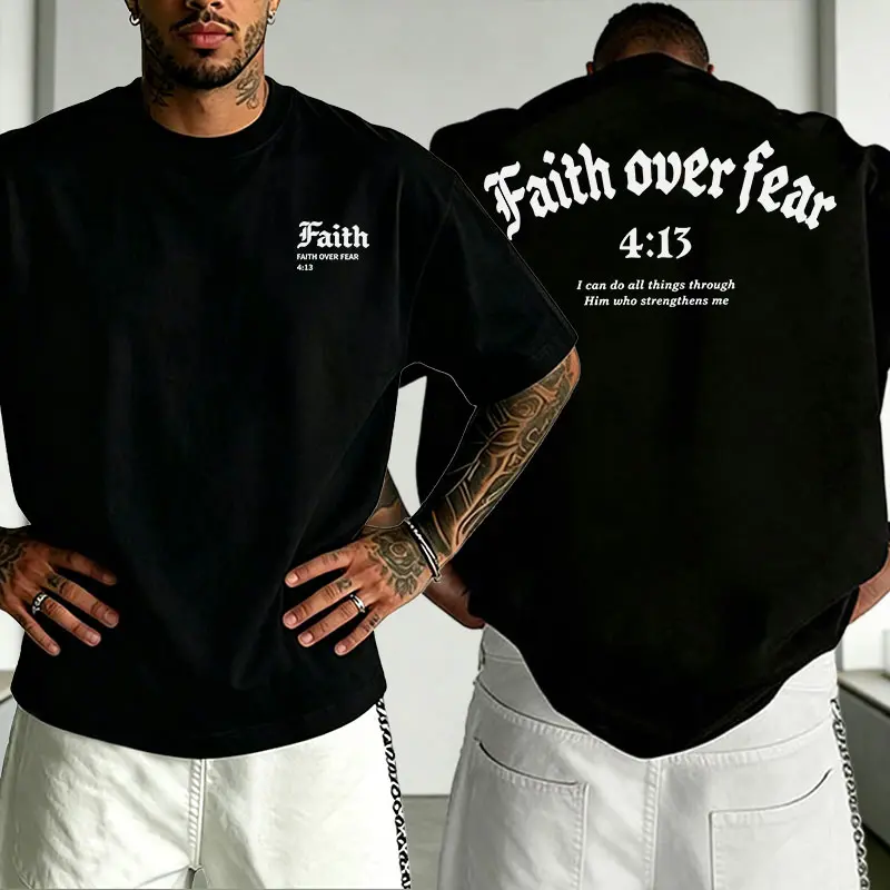 Men’s Short-Sleeve Christian Graphic Sports T-Shirt, "Faith Over Fear" Romans 4:13 Gothic Font Scripture Print, Casual Crew Neck, Mens Clothing, Gifts for Boyfriend, Ideal for Church Attire