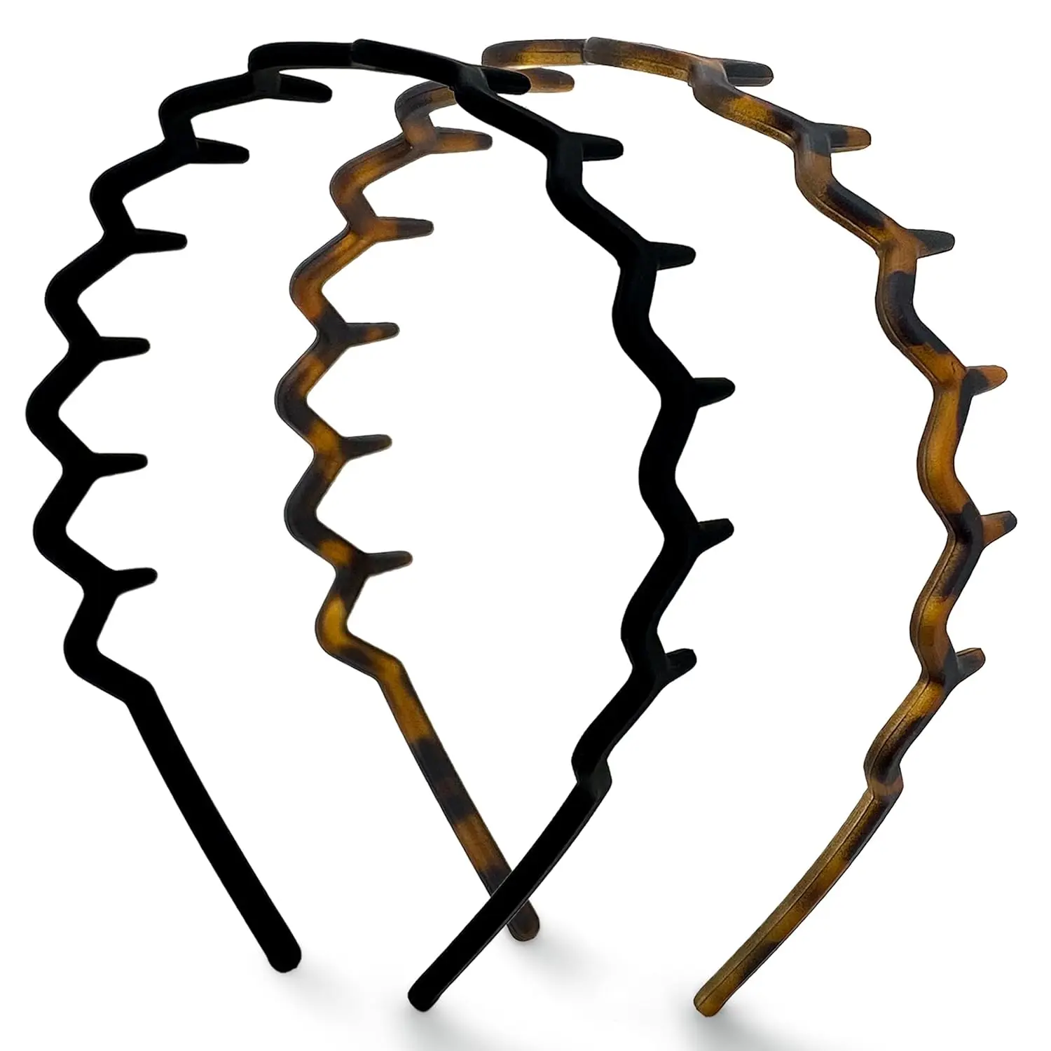 Zig Zag Headbands for Women – Fashion Accessories for Slicked Back Styles - Comfortable Wavy Headbands | Comb Headband with Teeth | Ideal Gifts for Women - Black and Tortoise - 2 pcs