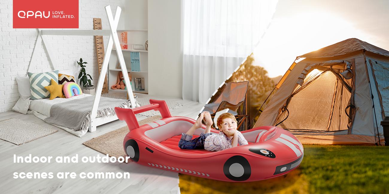 QPAU Inflatable Kids Travel Bed for Camping: Toddler Airbed with Sides, Hand Pump Included, Portable Racing Car Design, Safe Materials for Traveling Hotel Home Use QPAU Inflatable Kids Travel Bed for Camping: Toddler Airbed with Sides, Hand Pump Included, Portable Racing Car Design, Safe Materials for Traveling Hotel Home Use