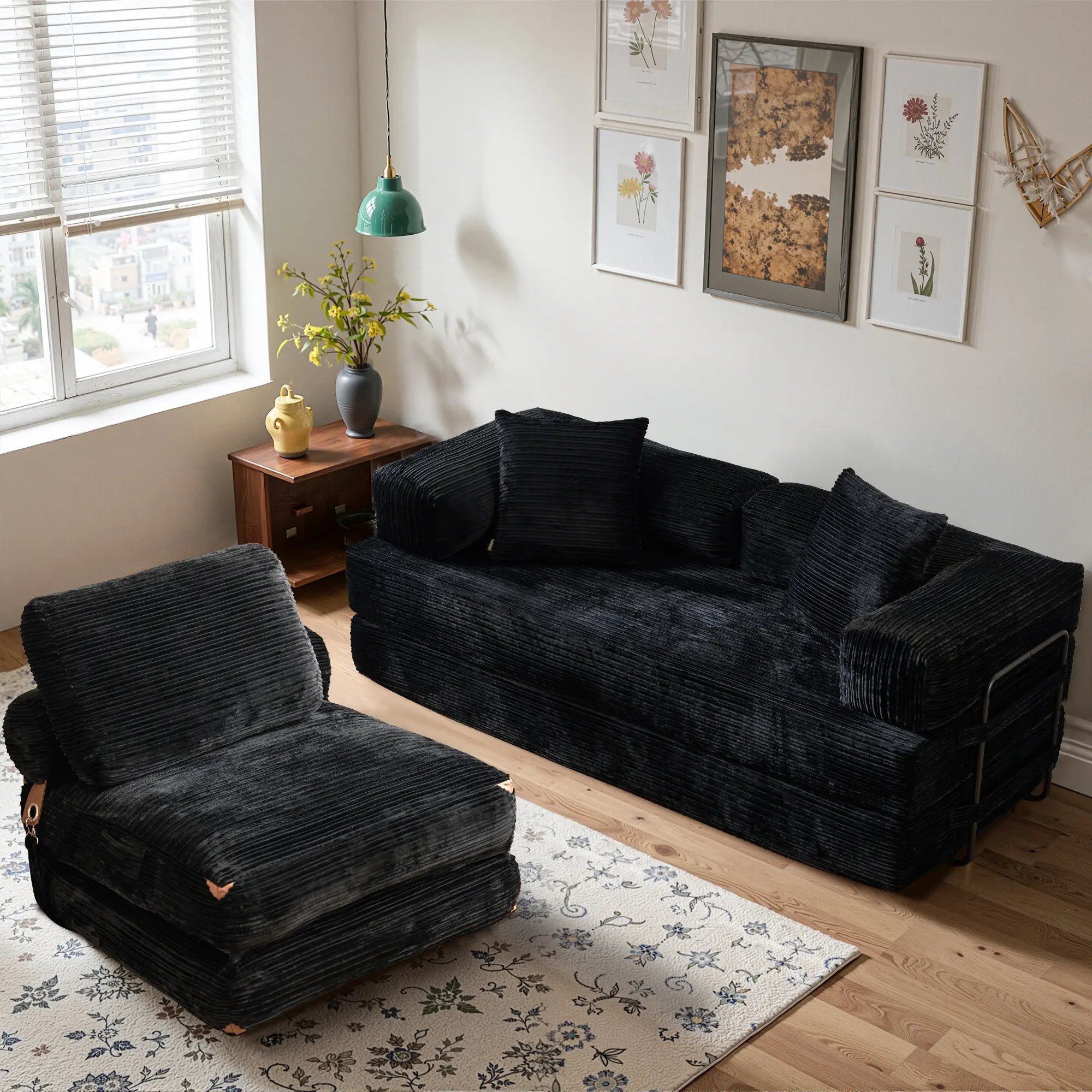 ALLWEX Modern Pre-Assembled Multi-Use Furniture Set - 3-in-1 35-in Convertible Boneless Sleeper Chair Sofabed, 4-in-1 80-in Modular Cloud Corduroy Loveseat Chaise, No-Assembly Multifunctional Floor Sofa Mattress with Pillow, Queen Size for Living Room