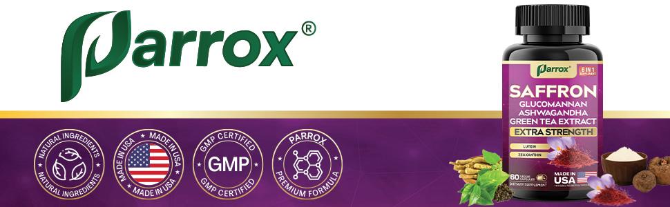 Parrox Saffron (6 in 1) Dietary Supplement - Mood, Vision & Wellness Support with Glucomannan, Ashwagandha, Lutein & Antioxidants - 60 Capsules - Made in USA Parrox Saffron (6 in 1) Dietary Supplement - Mood, Vision & Wellness Support with Glucomannan, Ashwagandha, Lutein & Antioxidants - 60 Capsules - Made in USA