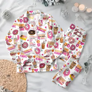 Dunkin Donuts Satin Pajamas, Pink Coffee & Donuts Sleepwear Set, Iced Coffee Lover Gift, Donut Party PJs, Cute Pastry Lounge Wear for Her