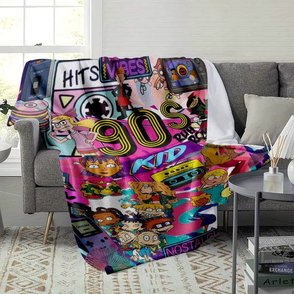 90s Cartoon Collage Flannel Throw Blanket - Vibrant Retro Print, Soft Cozy Texture, XL 60×80 Bed Cover, Folds Small for Bag, Vacuum-Packed Ship, Ideal for Bedroom Decor, Gift for Friends