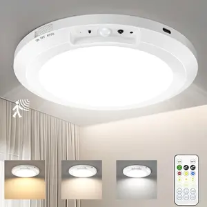 Rechargeable Ceiling Light 2-Pack, 3 Color Modes, Motion Sensor with Remote, Wireless Battery-Operated Magnetic LED Lights for Shower, Closet, Pantry, Shed, Hallway, Porch, Garage