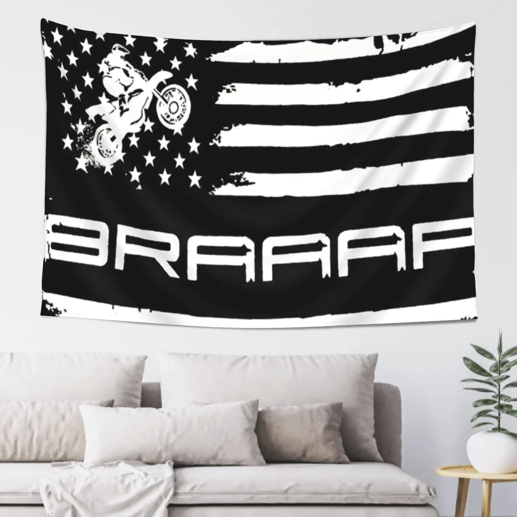 1pc Braaap Motocross Dirt Bike American Flag - Black & White, 2x3ft or 3x5ft with 2 Grommets, Single-Sided Printing for Home, Garden, Room, Party, and Outdoor Decor, Polyester Material, Motocross Decor art home decor