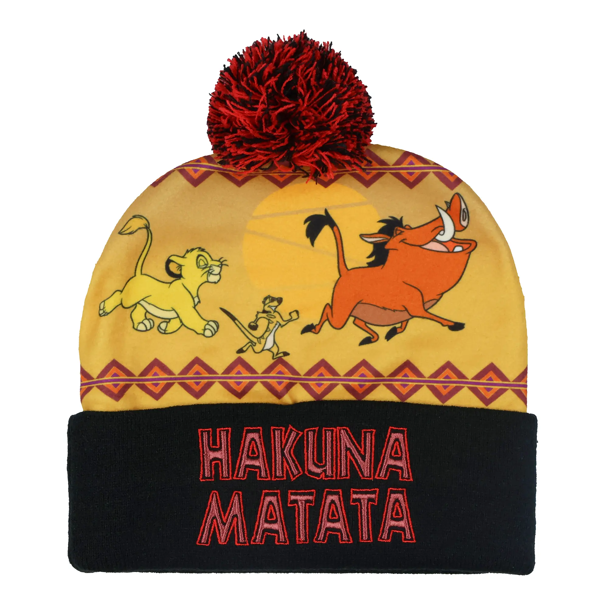 Disney The Lion King Unisex Cozy Acrylic Fleece Knit Beanie with Pom Top - Casual Winter Clothes Accessory, Hakuna Matata Embroidered Cuff, Sublimated Crown, 1 Size, Warmth