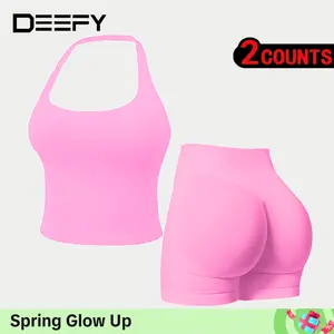 DEEFY Two-Piece Suit Impact Halter Top & Impact Shorts Fitness Yoga Sports Women Activewear Gym Outdoor Tank Tops Hidden Scrunch Butt Lifting Gymwear Shorts Womenswear