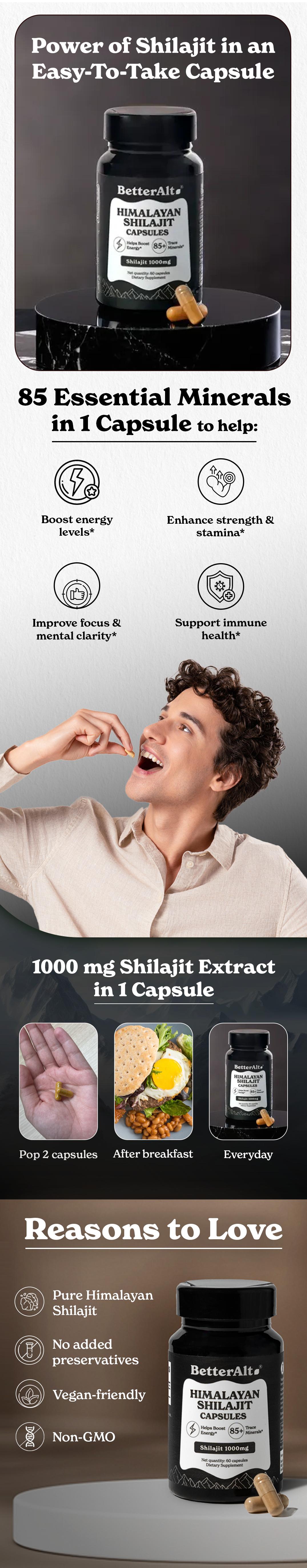 BetterAlt 1000mg Shilajit Capsules | Pure Himalayan Superfood | Lab-Tested for Purity | Dietary Supplement for Energy, Stamina & Fitness | 60N