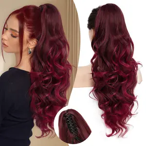 Claw Clip Wine Red Ponytail Extension, 24" Long Curly Wavy Claw Clip in Ponytail Hair Extensions, Jaw Clip on Pony Tails Fluffy Hairpiece for Women Daily Party Use