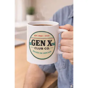Gen X Club 11oz Glossy Ceramic Coffee Mug - Raised on Sarcasm, Reusable Washable Drink Cup for Daily Use