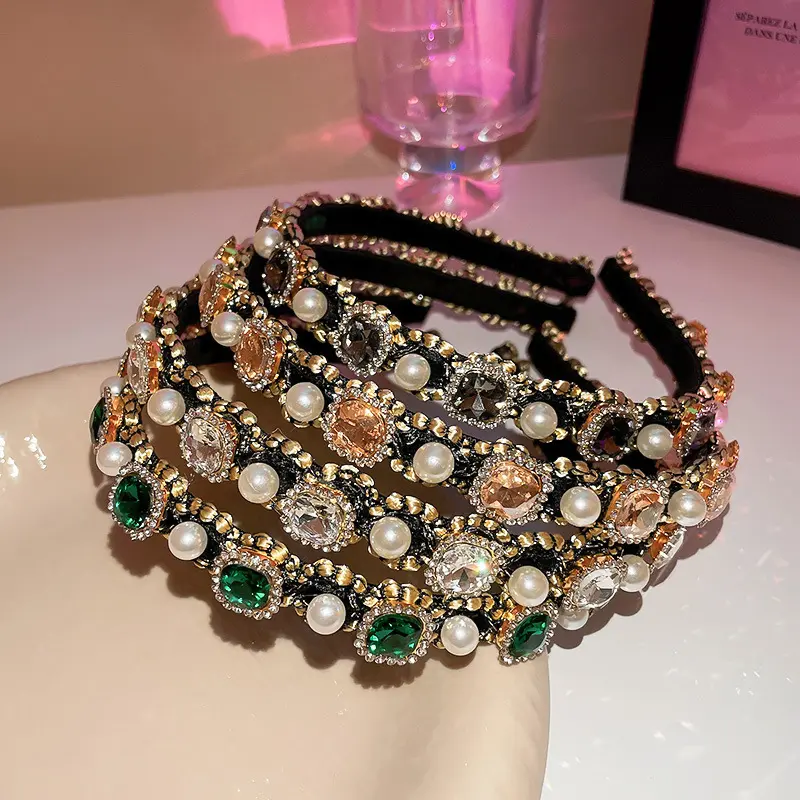 Vintage Baroque Rhinestone Pearl Headbands 3 Pack, Luxury Emerald Champagne Smoky Crystal Padded Hair Bands, Elegant Non Slip Hair Hoops for Women Wedding Party Daily Hairstyle Accessories