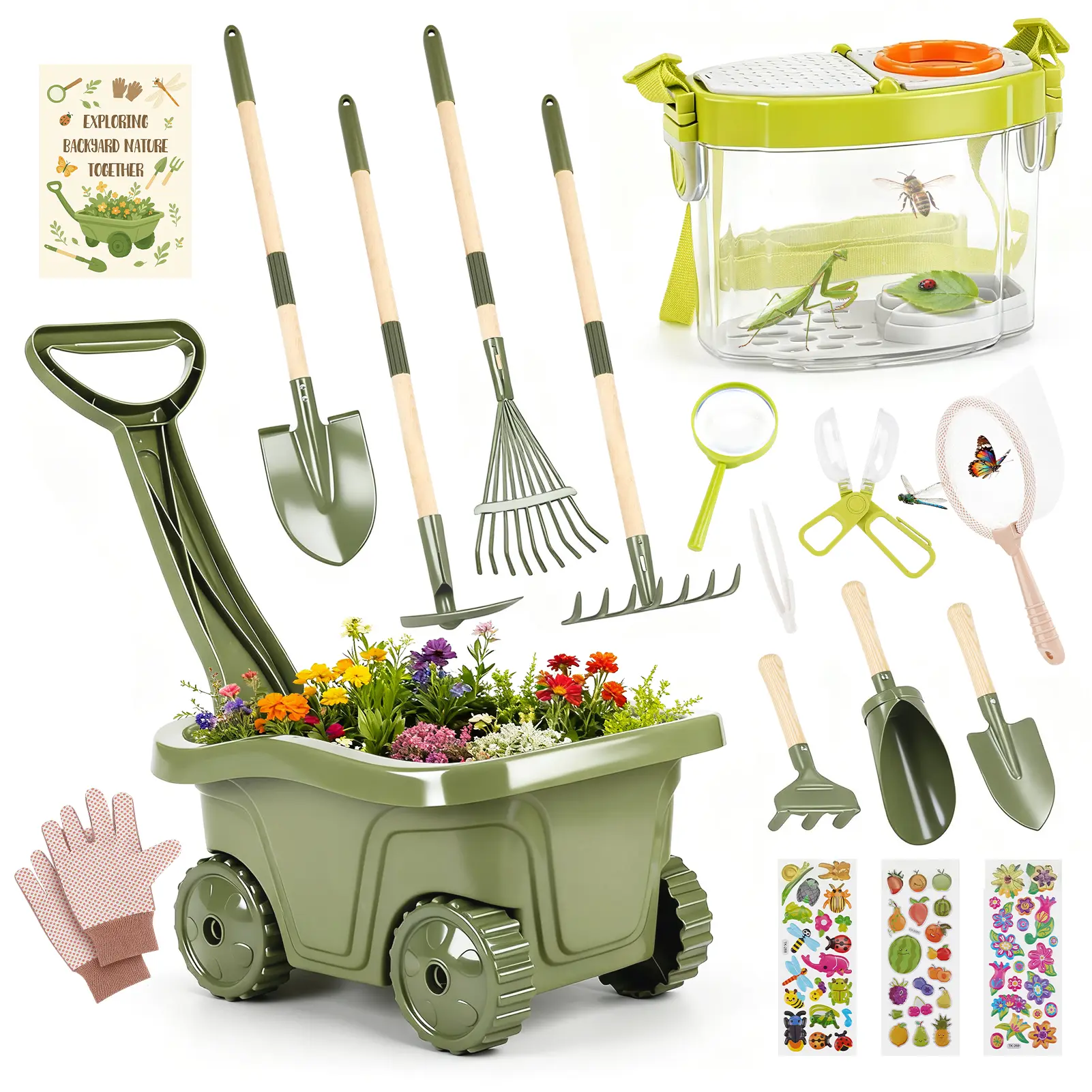 Dreamon Kids Gardening Tools & Bug Catcher Kit, 2-in-1 Outdoor Toys with Wheelbarrow and Bug House, STEM Educational Toys, Summer Vibes, Outdoor Gifts for Kids