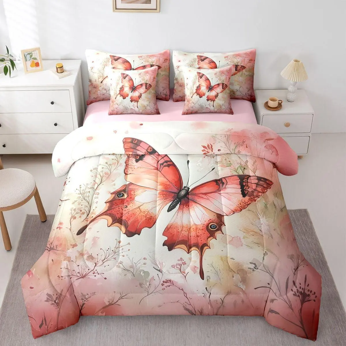 7 Piece Butterfly Comforter Set,Pink Orange Watercolor Bedding Set for Girls Kids Teens Bedroom Cottagecore Wildflower Sheet Set,Vintage Pastel Style Comforter Floral Duvet Insert