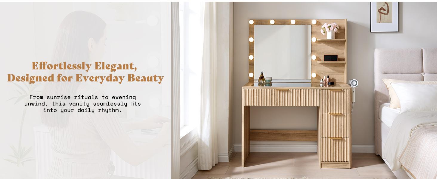 VanAcc 36.2/47.2" Fluted Vanity Desk with Mirror and Adjustable LED Lights, Large 4/7 Drawers Makeup Table with Glass Top and Charging Station for Women and Girls, Bedroom or Dorm