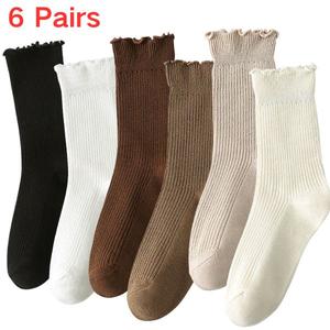 6 Pairs of Women’s Ruffle Socks Cotton Crew Socks Ribbed Frilly Breathable Mid-calf Socks for Women Girls Casual Cute Soft Socks Comfy Trim Flounce Lettuce Design Socks 6 Pack Solid Multi Colors Knit Sock for Spring Summer Daily Wear One Size 5-9