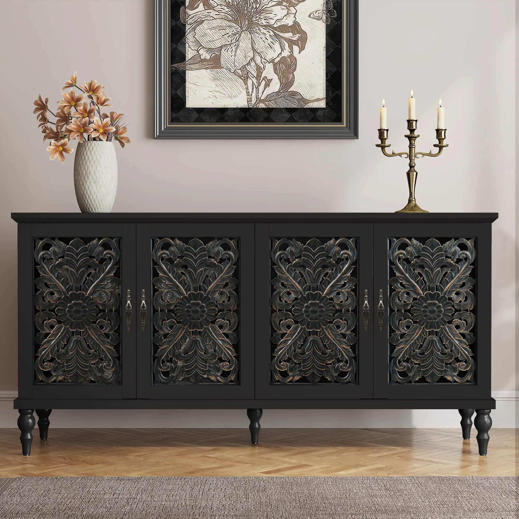 [summerwins] HLR Antique Wooden Sideboard Buffet Cabinet | Vintage Floral Carved Doors, 3 Adjustable Shelves, 61.8” Console with Ample Storage, Sturdy MDF Frame, Elegant Dining Room Decor | Easy to Assemble, Large Capacity