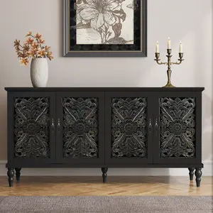 Antique Wooden Sideboard Buffet Cabinet | Vintage Floral Carved Doors, 3 Adjustable Shelves, 61.8” Console with Ample Storage, Sturdy MDF Frame, Elegant Dining Room Decor | Easy to Assemble, Large Capacity | Ideal for Dining Room, Kitchen, Living Room