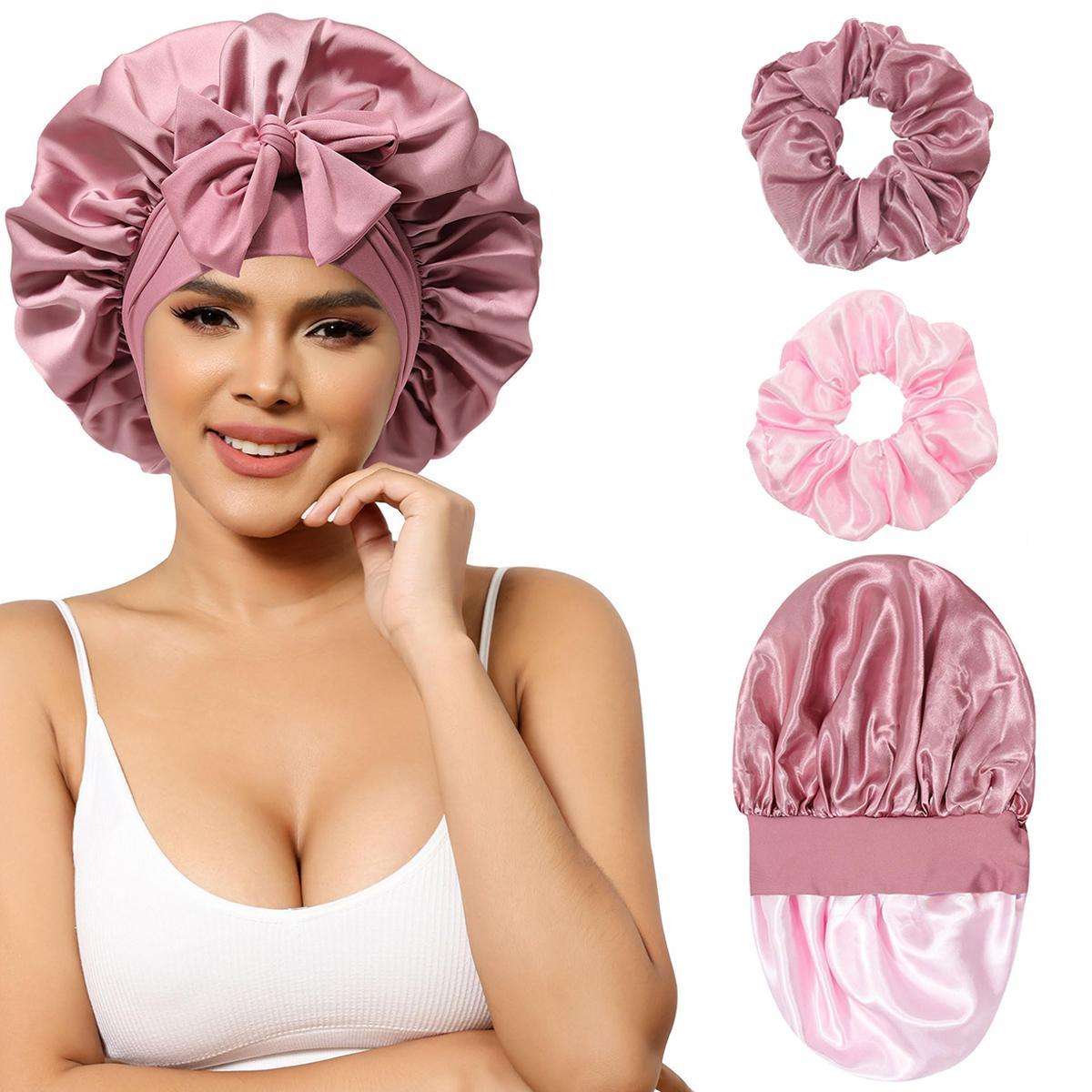 AWAYTR Double Layer Satin Bonnet for Sleeping Cap Women Reversible Hair Bonnets with 2PCS Hair Scrunchies Elastic Tie Band Nightcap Gifts for Women