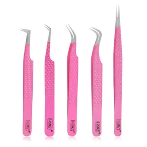 Fiber Tip Eyelash Extension Tweezers Set of Five Japanese Steel Pink Tweezers for Volume Isolation Nail Art Professionals